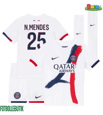 Paris Saint-Germain Nuno Mendes #25 Bortaställ Barn 2025-26 Kortärmad (+ Korta byxor)